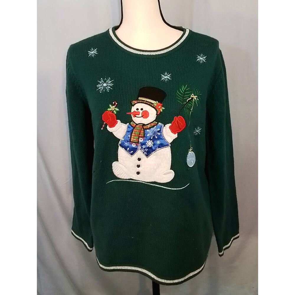 White Stage; Green womens winter sweater with snowman